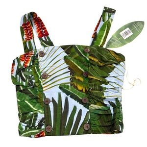 NWT Farm Rio Top Tropical Green Button-Up Crop Top Linen Viscose Blend Size XS